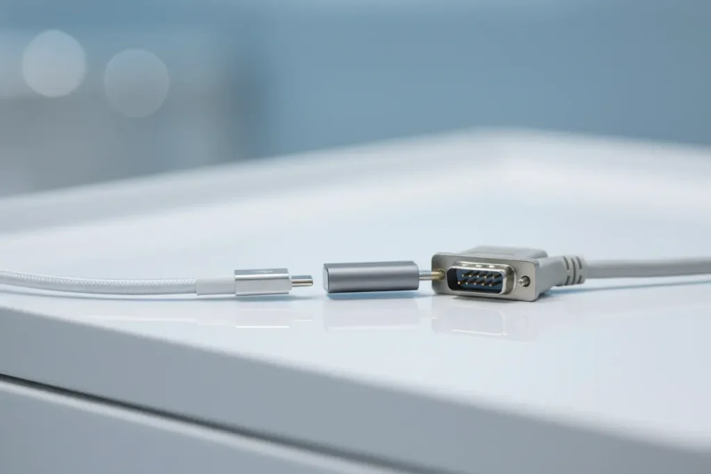 USB-C and legacy serial cable joined by an adapter on a clean surface, symbolizing healthcare tech integration.