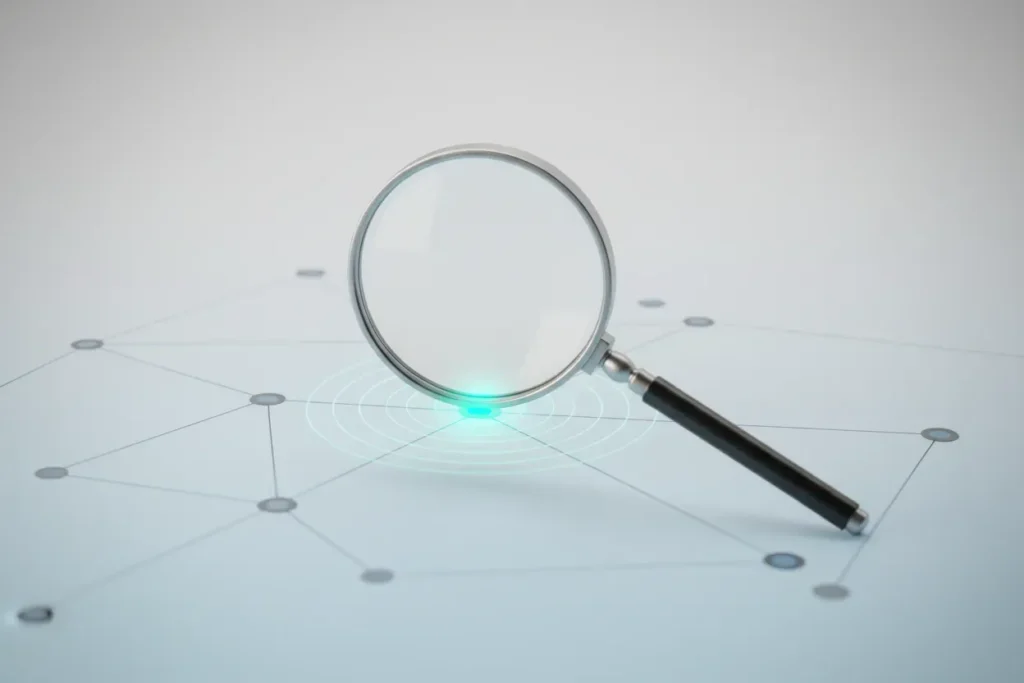 Magnifying glass highlights a glowing node in a muted social network, symbolizing niche audience discovery and targeted reach.