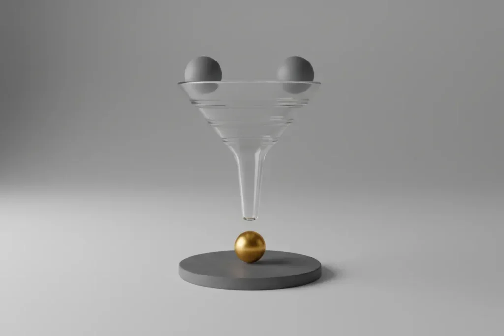 Minimalist glass funnel on soft background with one golden sphere emerging, muted gray spheres above—symbolizing prioritized deals.