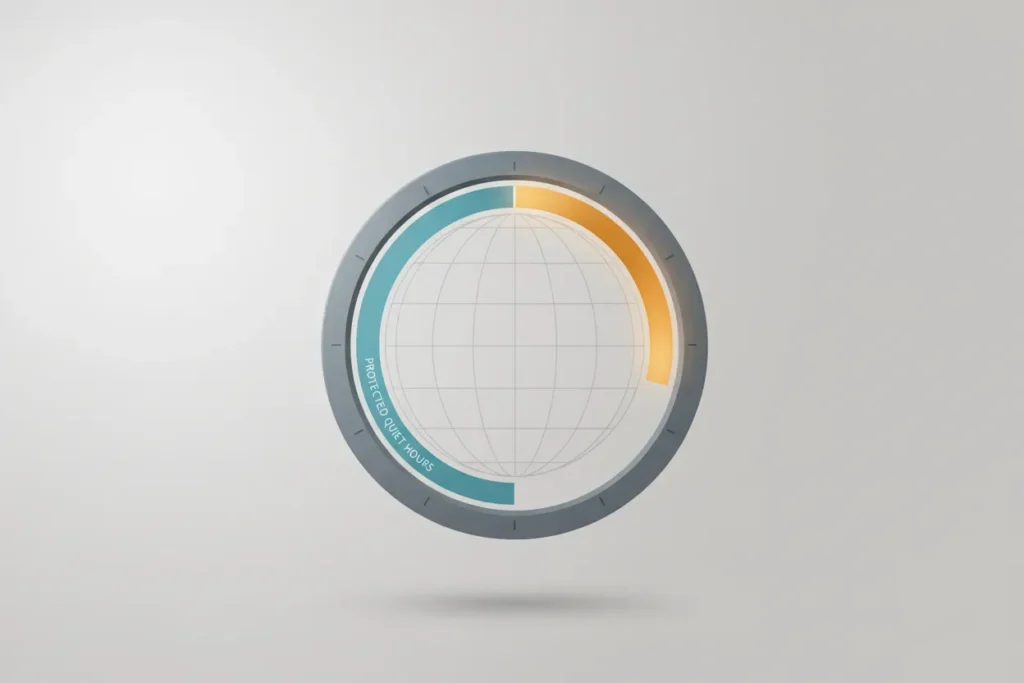 Minimalist 24-hour time wheel with a glowing overlap arc, representing cross-time-zone communication and protected quiet hours.