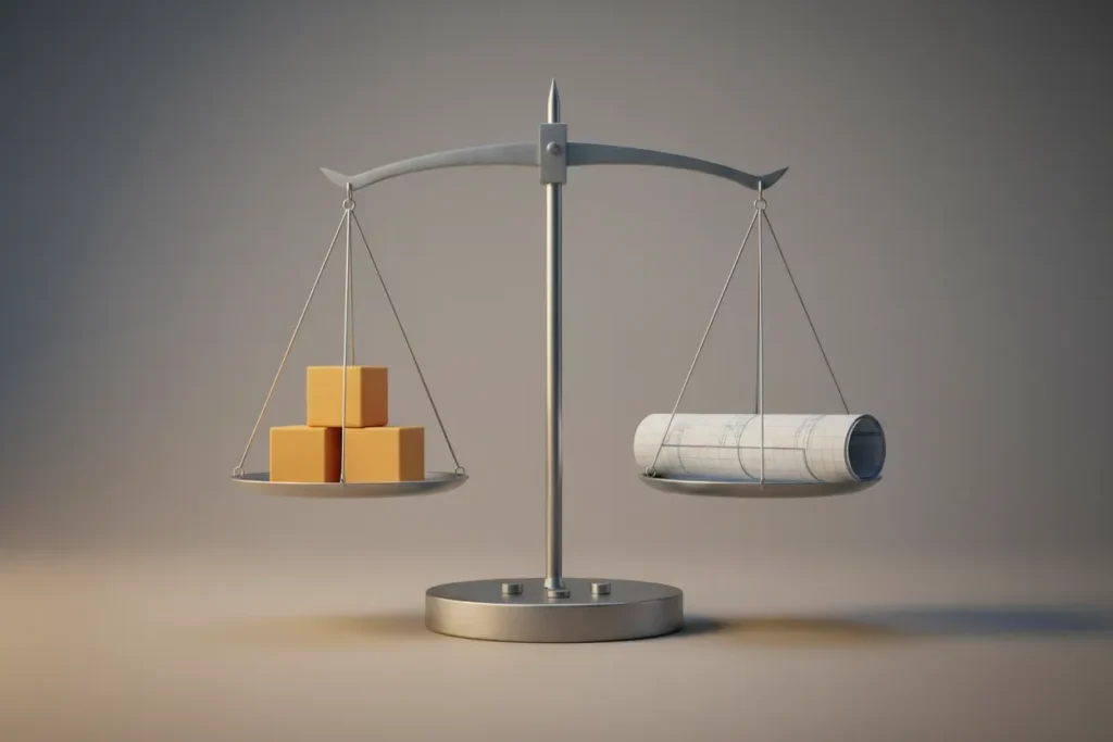 Minimal balance scale with bright blocks versus a blueprint roll, symbolizing quick wins vs long-term product strategy.