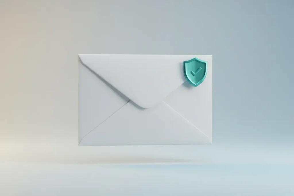 White envelope with a teal shield checkmark badge on a soft gray-blue background, symbolizing trusted, consent-based email personalization.