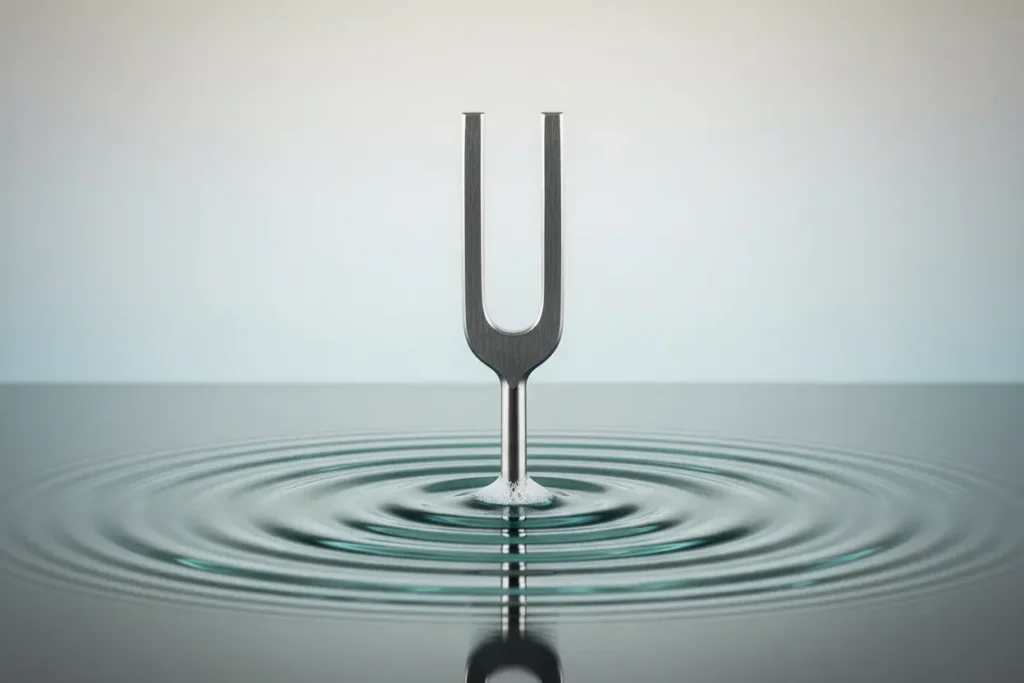 Polished tuning fork creating concentric ripples on a calm surface, symbolizing clear communication aligning departments.