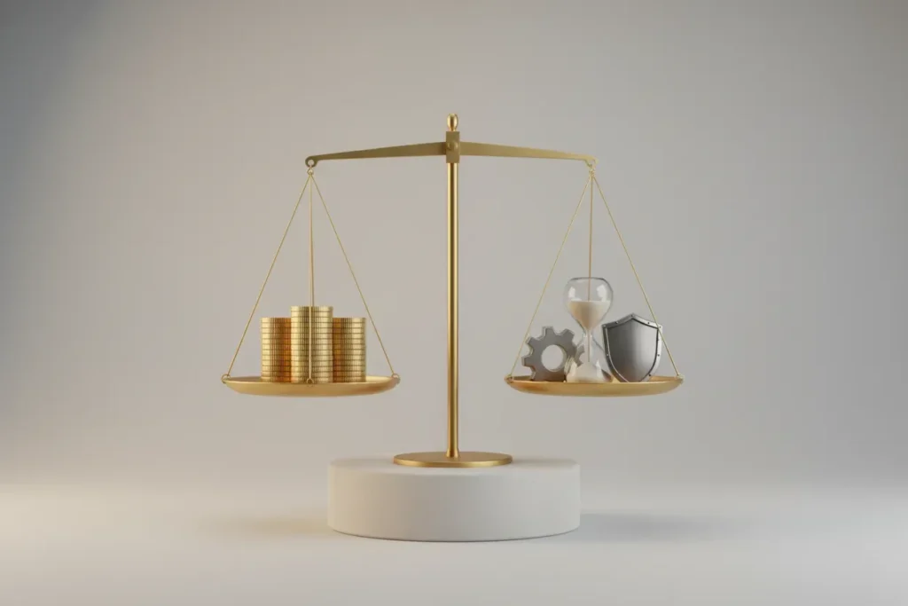 Balance scale weighs coin stack vs gear, shield, and hourglass, symbolizing total cost and long-term risk beyond price.