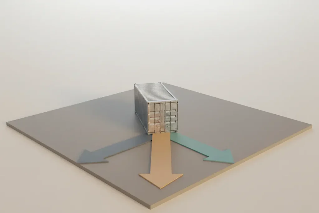 Shipping container at a three-way fork of lanes on a soft background, symbolizing supply source choices.