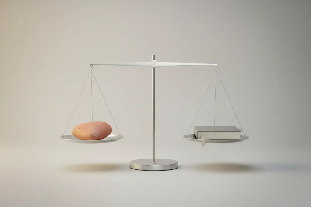 Minimal balance scale weighing a heart-shaped stone against a plain gray book on a soft neutral background.