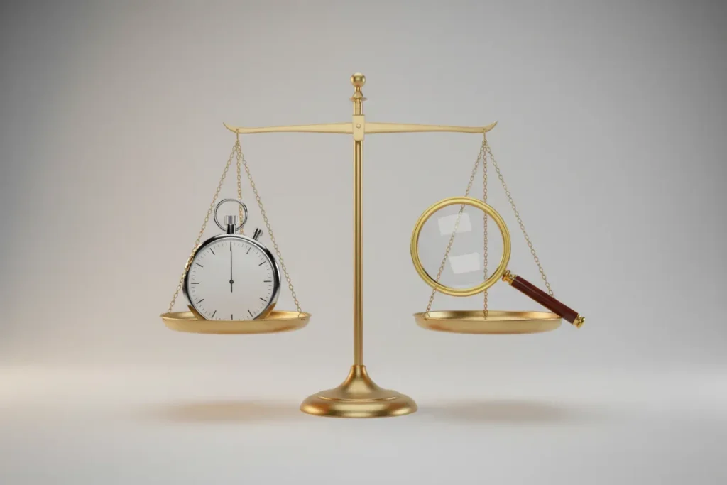 Polished balance scale holds a stopwatch and a magnifying glass on level pans against a soft neutral background.