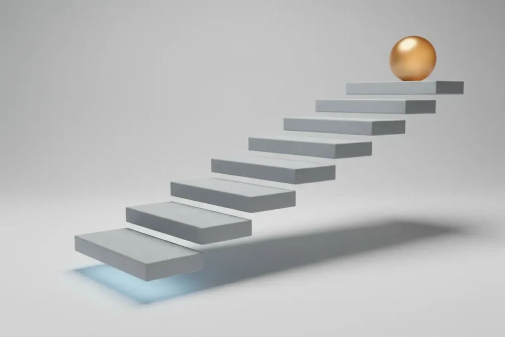 Minimal staircase of four steps leading to a warm glowing sphere on a neutral background, symbolizing structured, gradual onboarding.