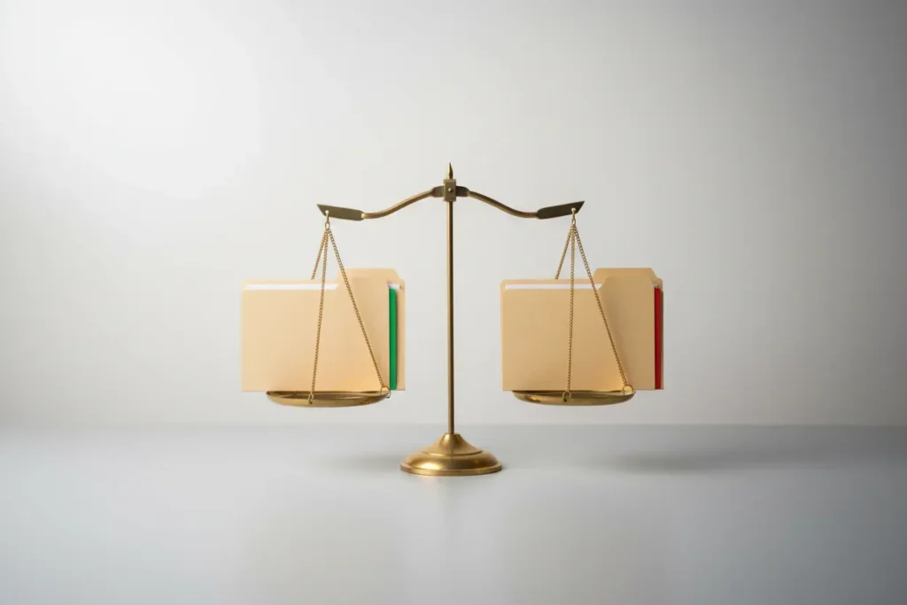 Brass balance scale with two manila folders, green and red tabs, on a clean desk, symbolizing hiring risk vs reward.