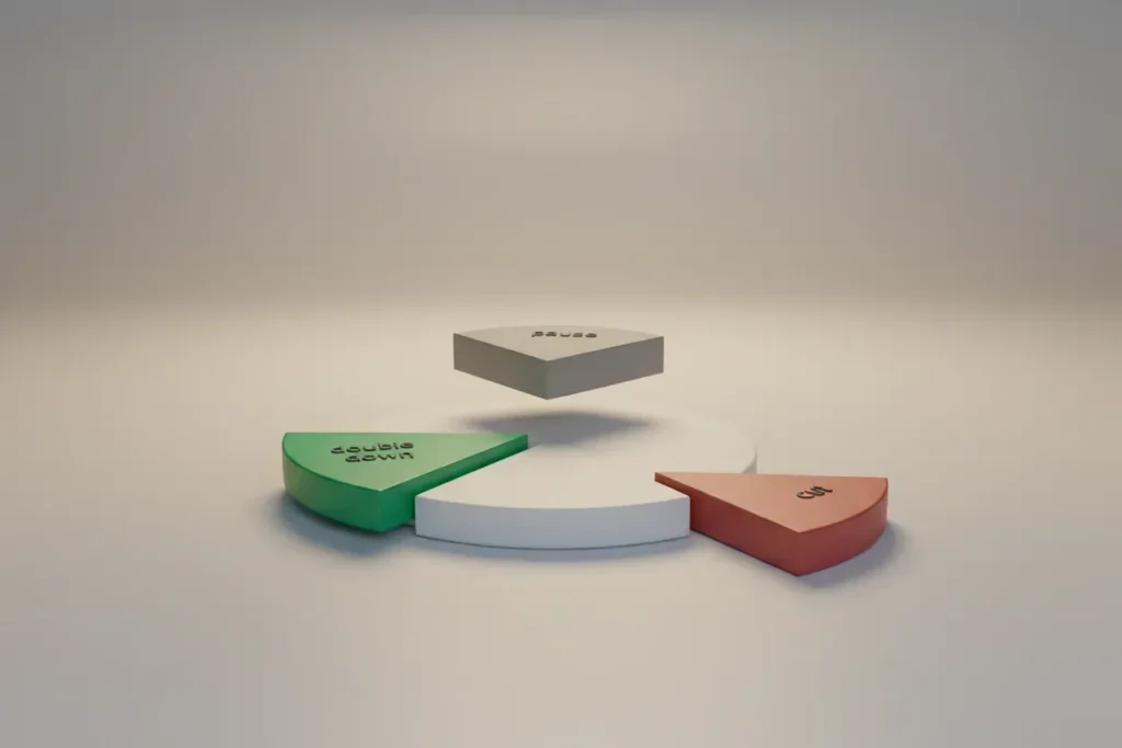 Minimal 3D pie chart with one green slice expanded, a gray slice hovering, and a red slice removed, on a soft neutral background.