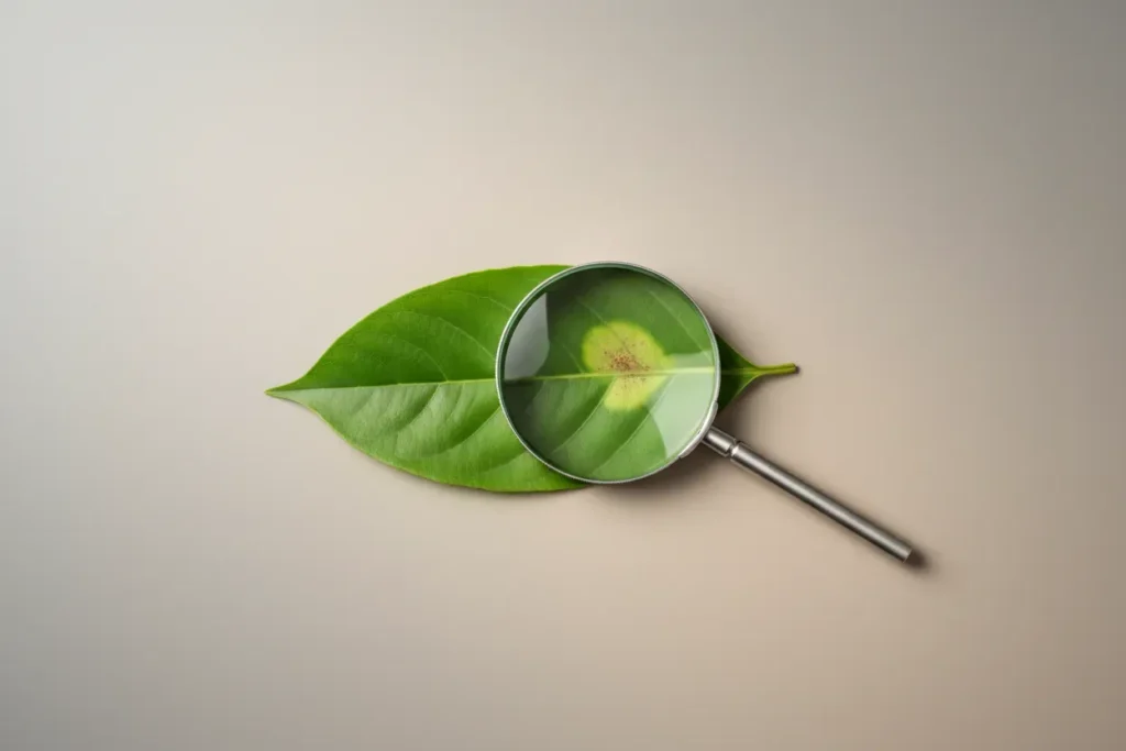 Green leaf on soft background with a magnifying glass revealing a small yellowed patch—early stress spotted before decline.