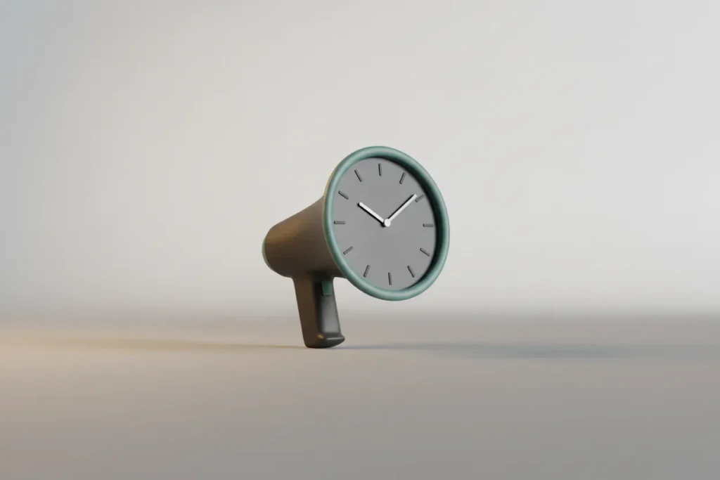 Minimalist megaphone merging into a clock on a soft background, symbolizing tone and timing in responding to reviews.