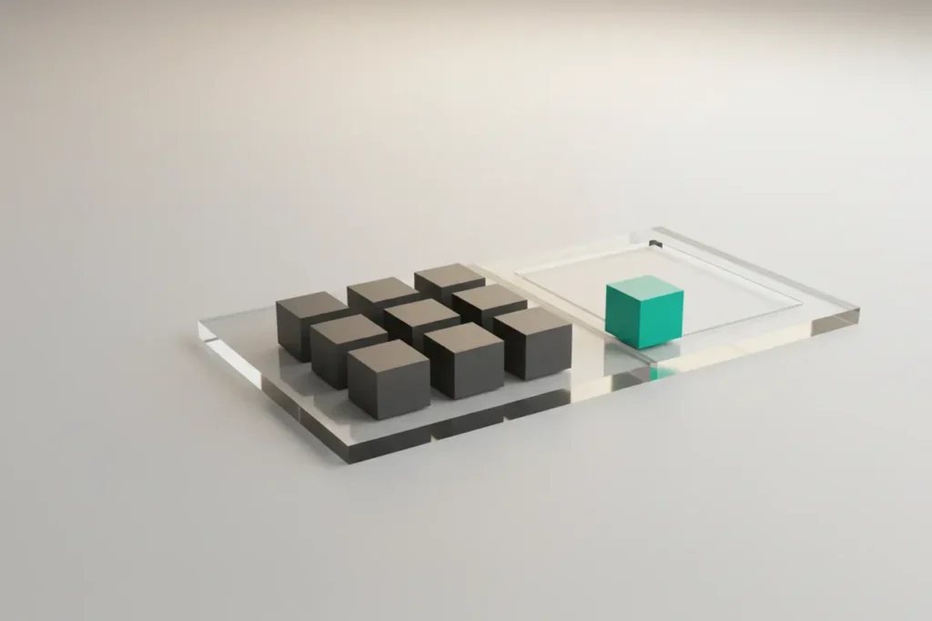 Transparent frame with ordered cubes inside, one teal cube outside and a matching extension piece to expand the boundary.