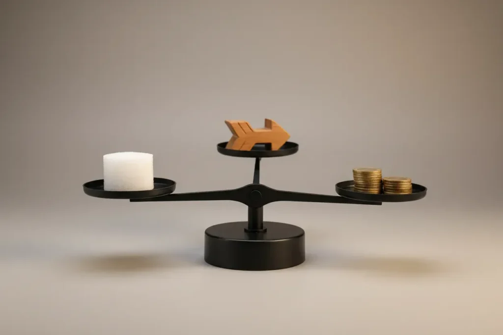 Three-arm balance scale holding a sponge cube, a wooden trade token, and a brass coin stack on a soft gray background.