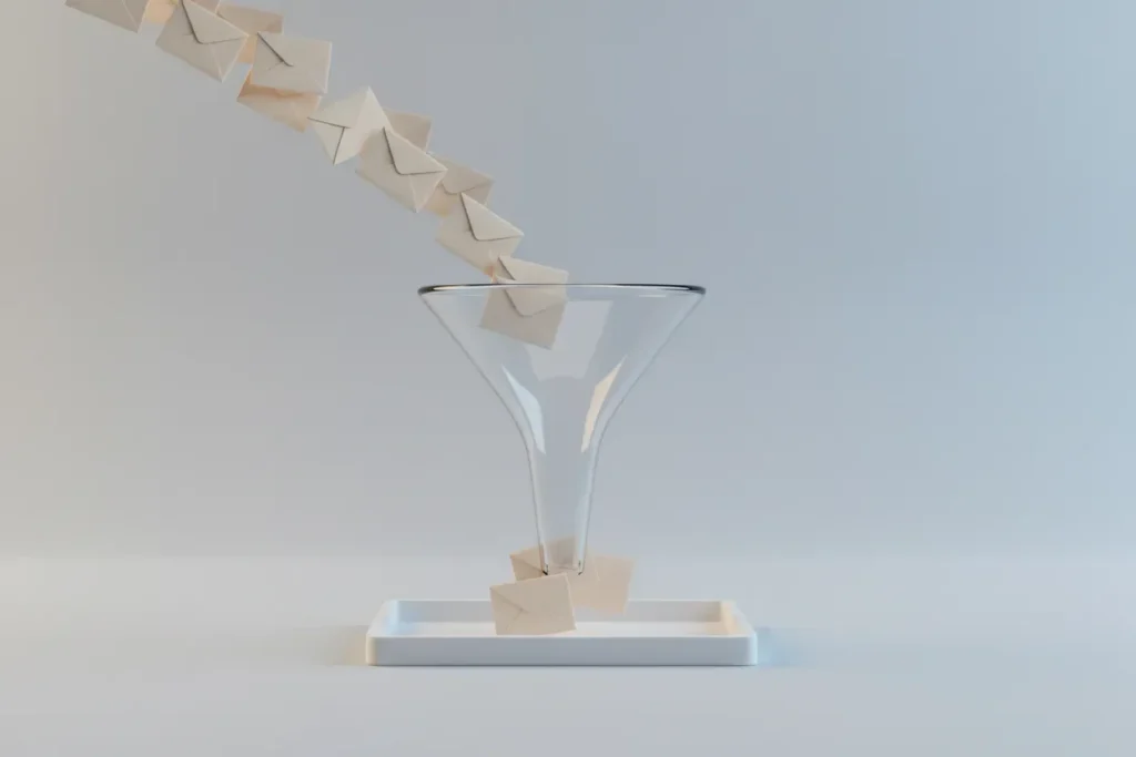 Glass funnel filtering many envelopes into a few high-quality ones on a tray, symbolizing email list quality over volume.