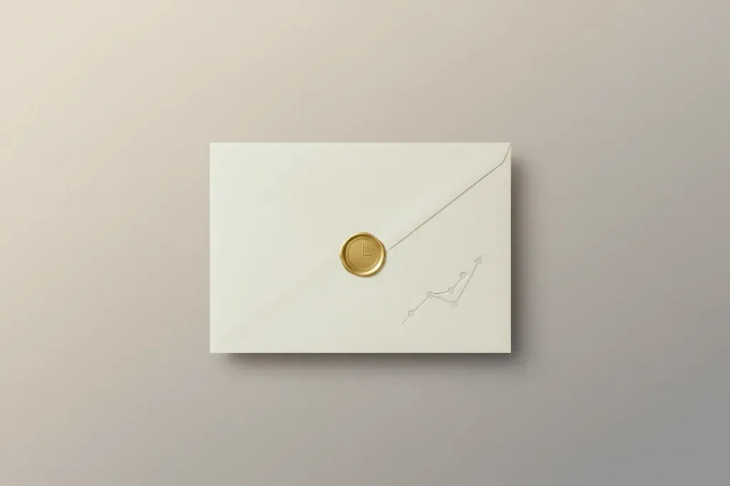 Ivory envelope with gold clock seal and subtle rising line emboss on a soft gray background.