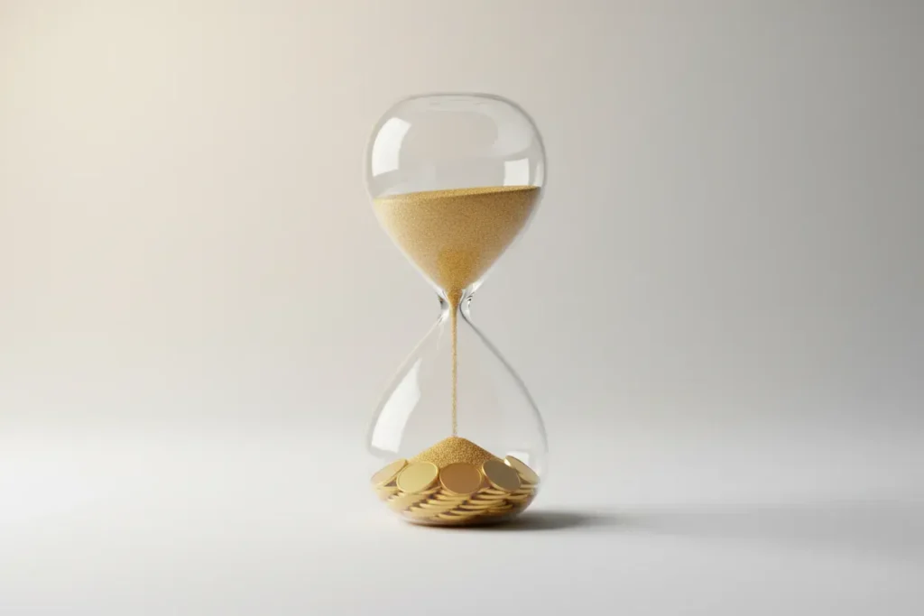 Glass hourglass with golden sand forming a stack of coins inside on a soft neutral background, symbolizing timely, considerate price increases.