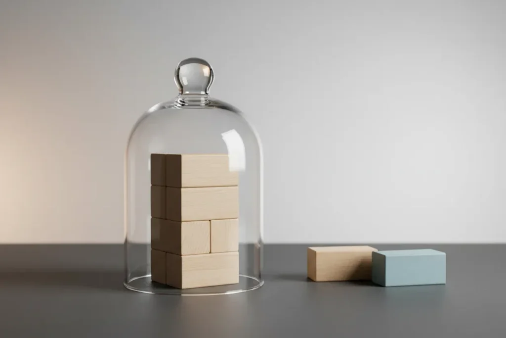Glass dome covering a neat stack of wooden blocks, with two extra blocks outside on a soft neutral background.