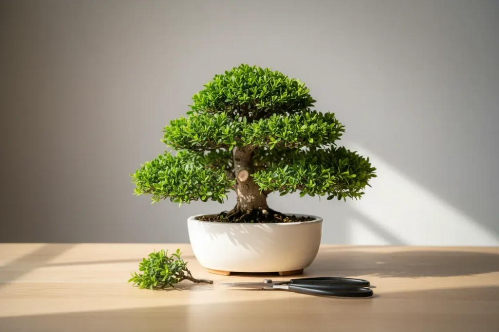 Bonsai with a pruned twig and pruning shears on a neutral background, symbolizing precise budget cuts that protect core goals.
