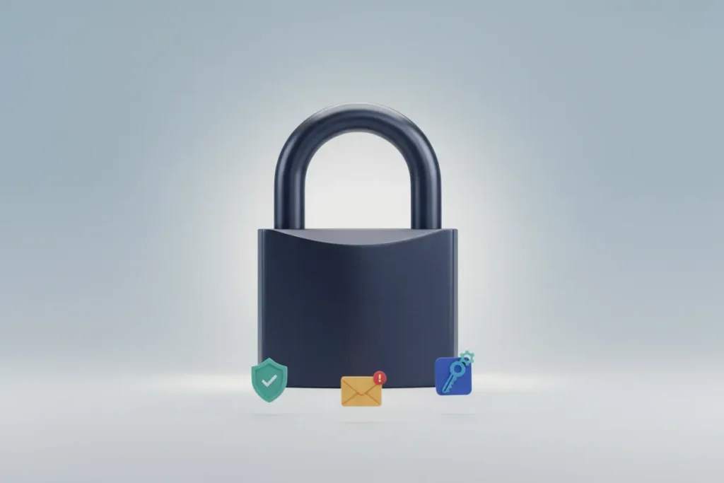 Centered steel padlock with three small security icons (shield, envelope alert, key) on a soft neutral background, representing core security habits.