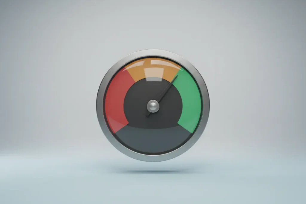 Minimalist gauge with needle moving from red to green, representing proactive action to prevent churn.