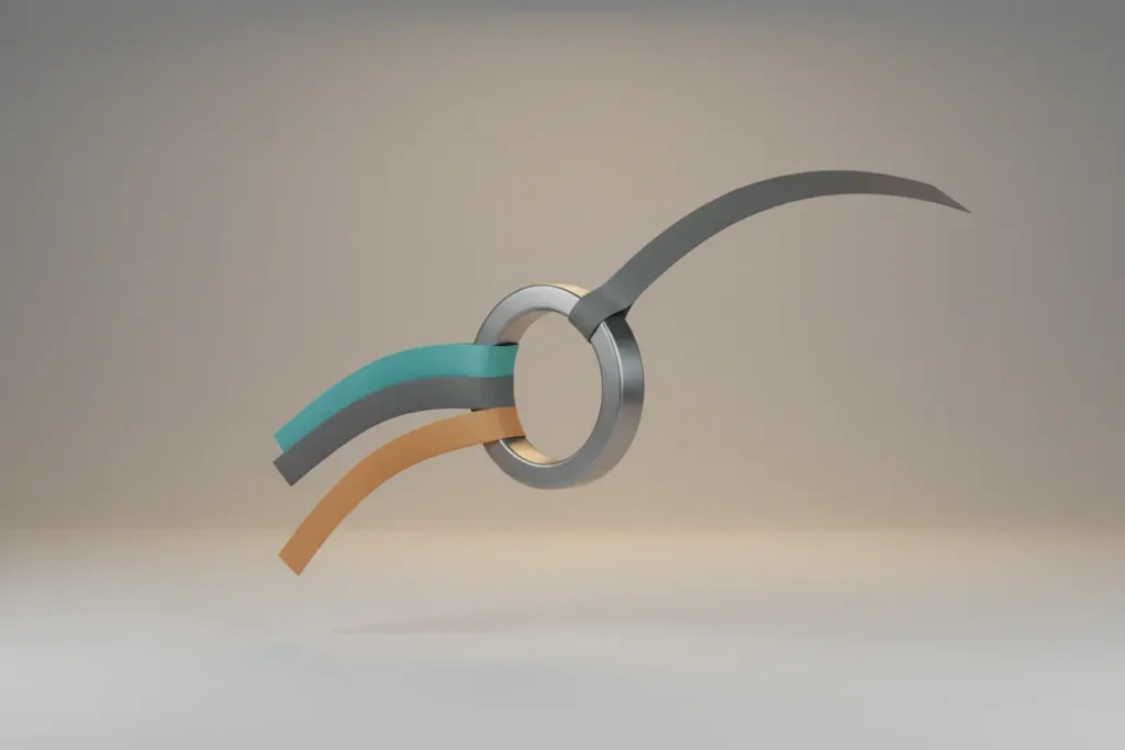 Three colored ribbons merge through a metal ring into one ribbon on a soft gray background.