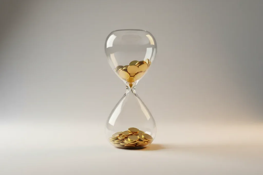 Glass hourglass with gold coins flowing on a soft neutral background, symbolizing timing and price changes.
