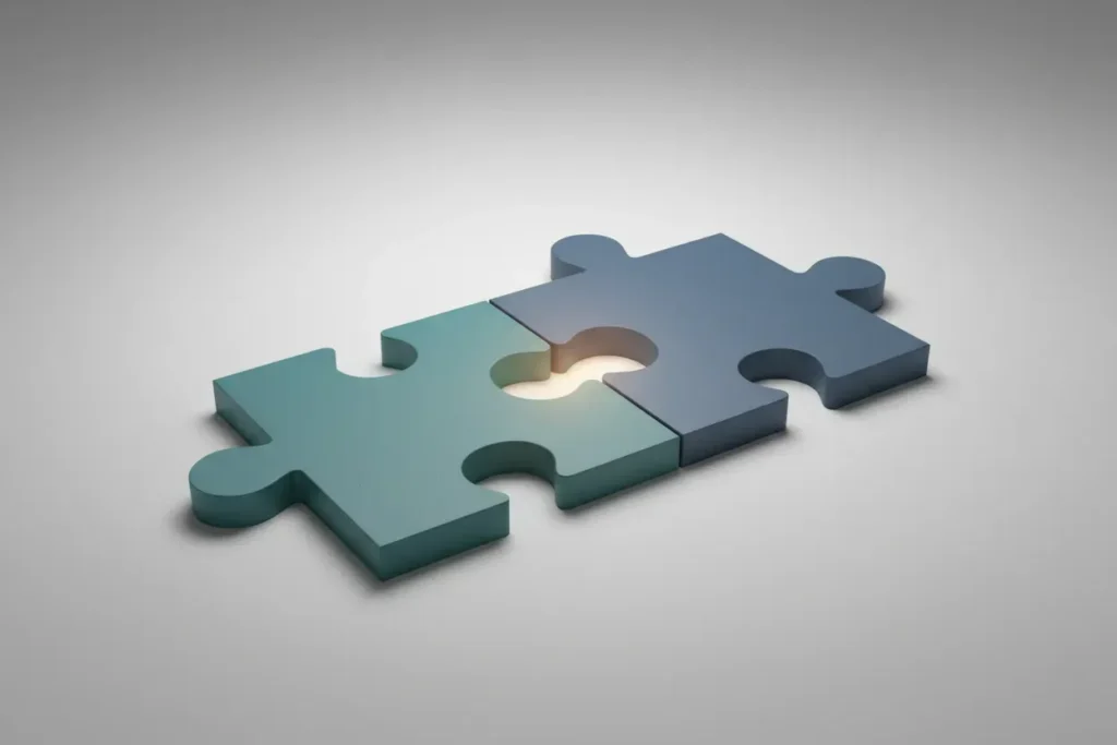 Two interlocking puzzle pieces forming a seamless connection, symbolizing clean team handoffs on a soft neutral background.