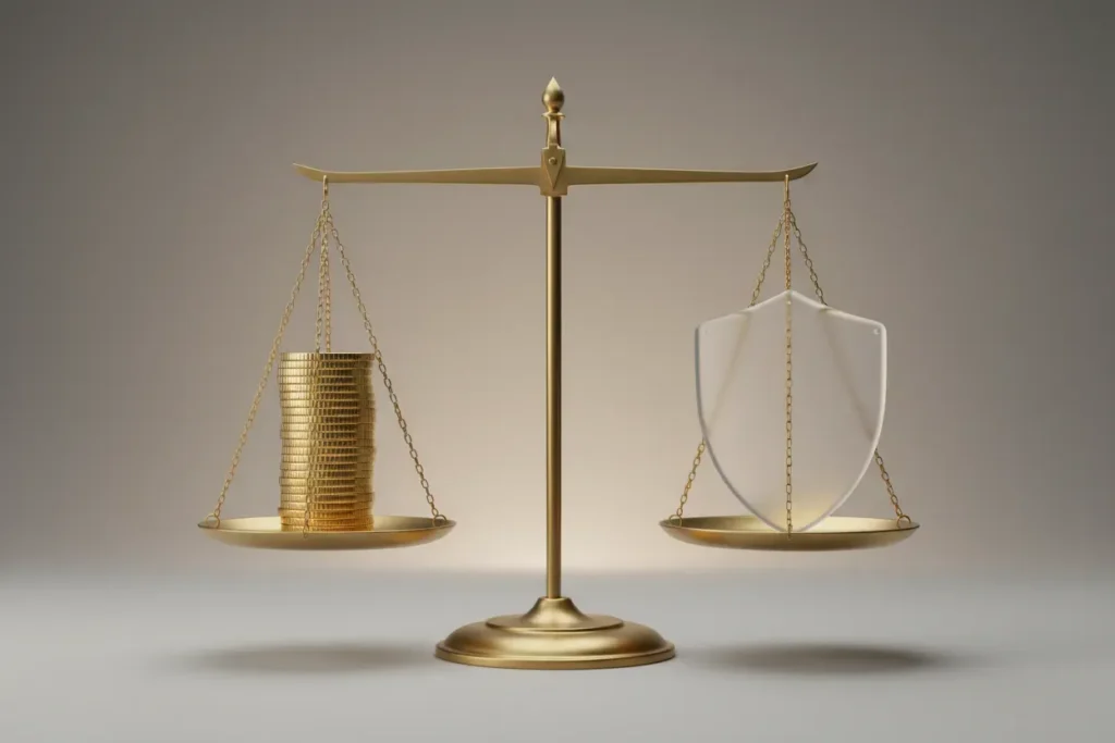 Minimalist brass balance scale with stacked coins and a frosted-glass shield on a neutral background, symbolizing price and trust.