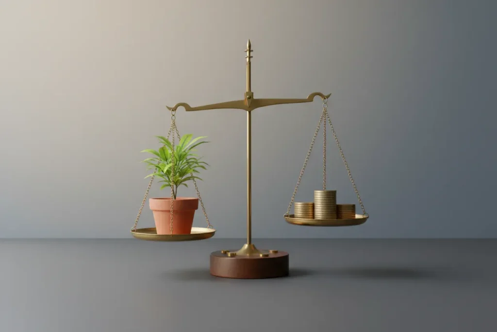 Brass balance scale with a potted sapling outweighing a stack of coins on a neutral background.
