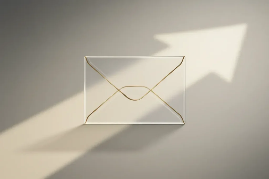 Transparent glass envelope on a soft neutral background with a subtle upward arrow reflection, symbolizing clear communication about price changes.
