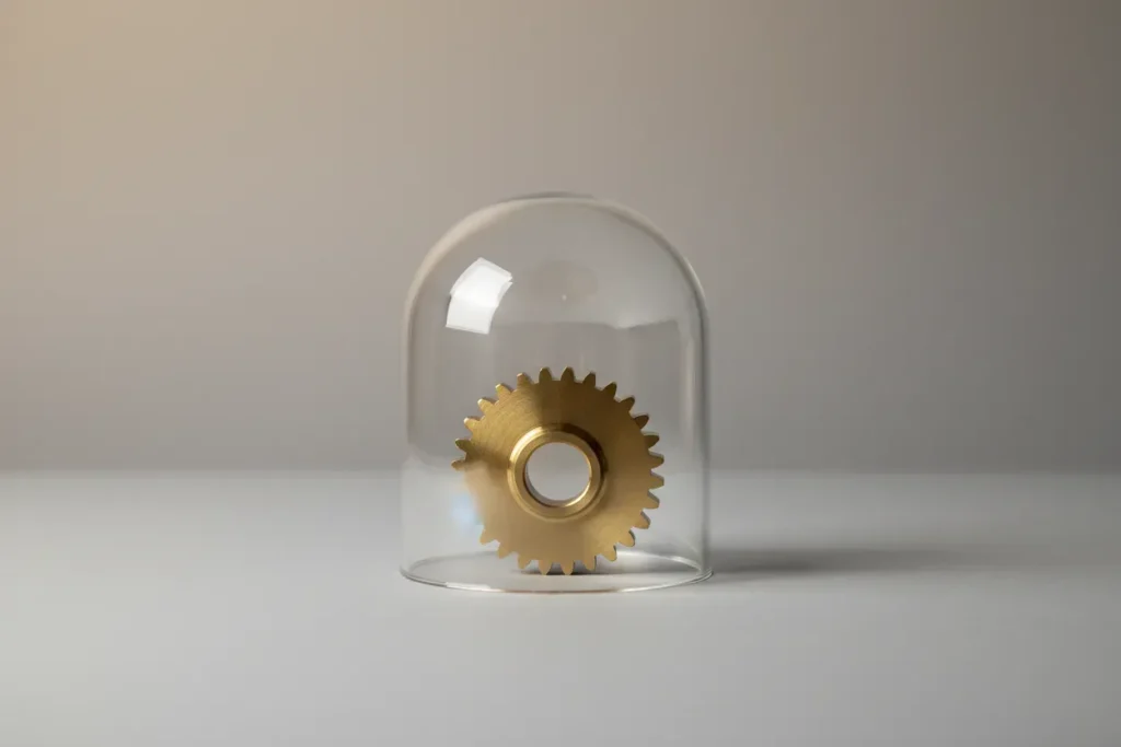 Polished brass gear under a clear glass dome on a soft gray background, symbolizing protected project scope and boundaries.