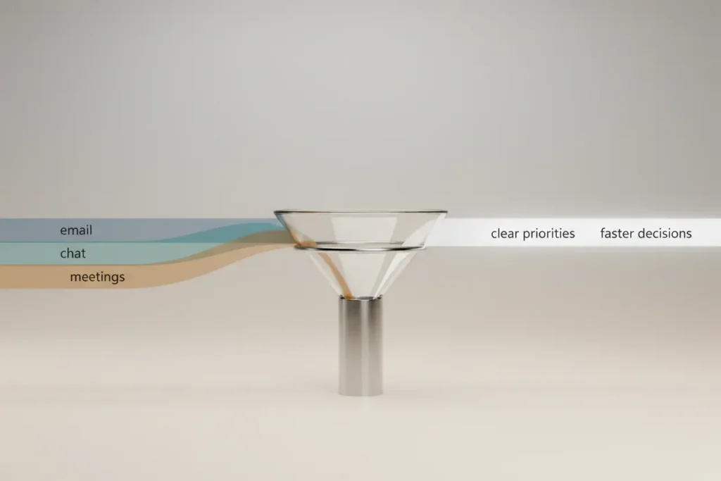 Three colored streams merge through a glass funnel into one clear line on a soft background, symbolizing streamlined team communication.