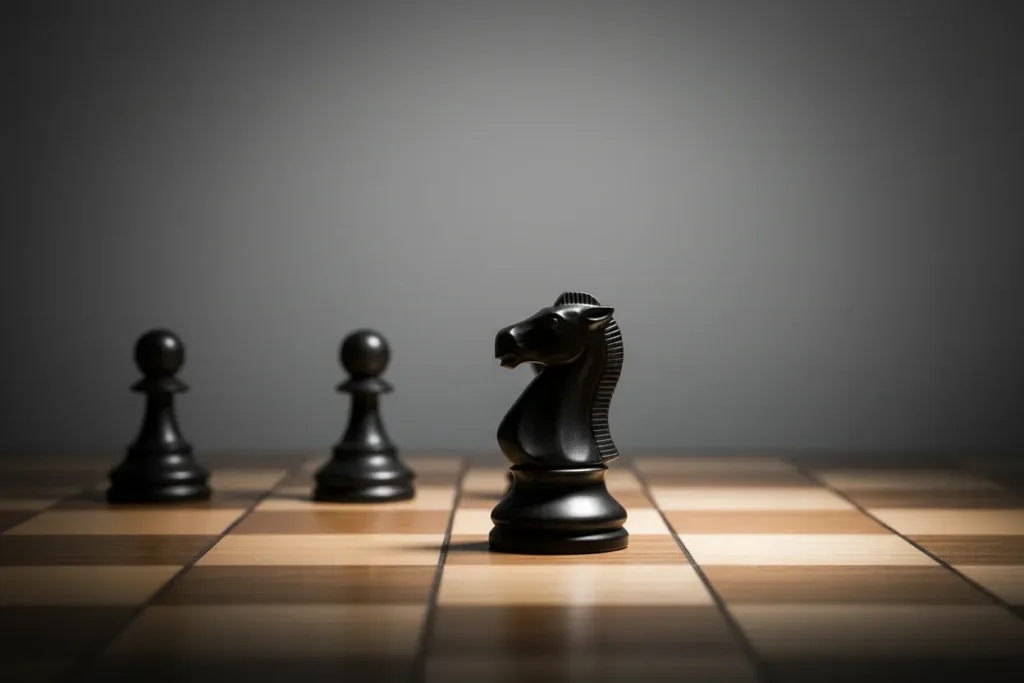 Matte black chess knight with pawns blocking forward and an open side square, symbolizing a pivot vs shutdown decision.