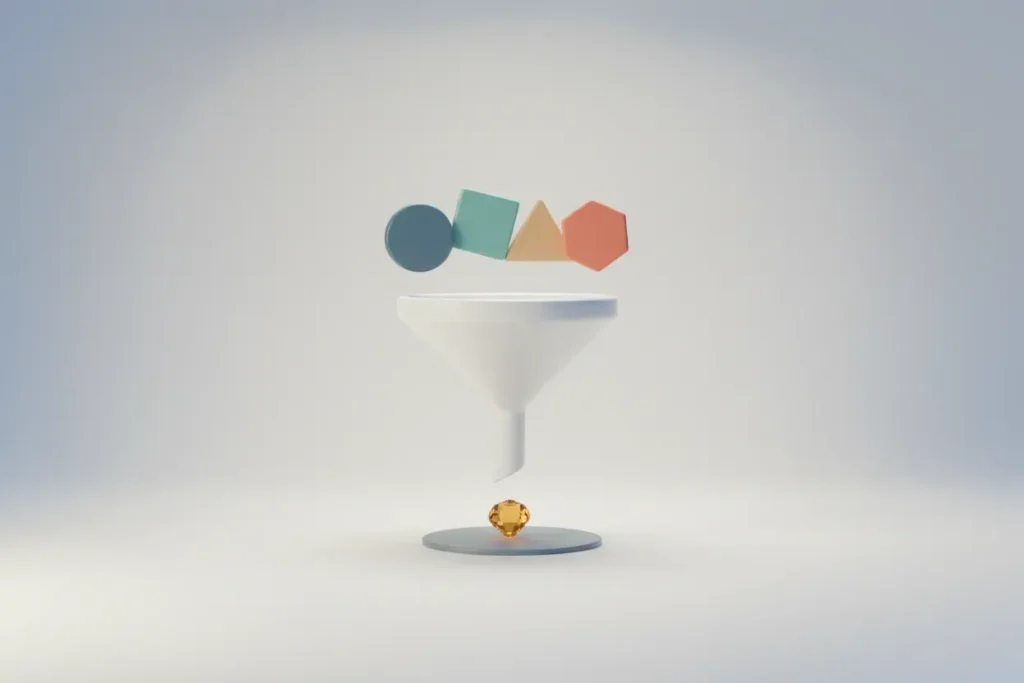 Minimal 3D funnel filtering diverse shapes into one glowing gem on a neutral background, symbolizing prioritizing customer feedback.