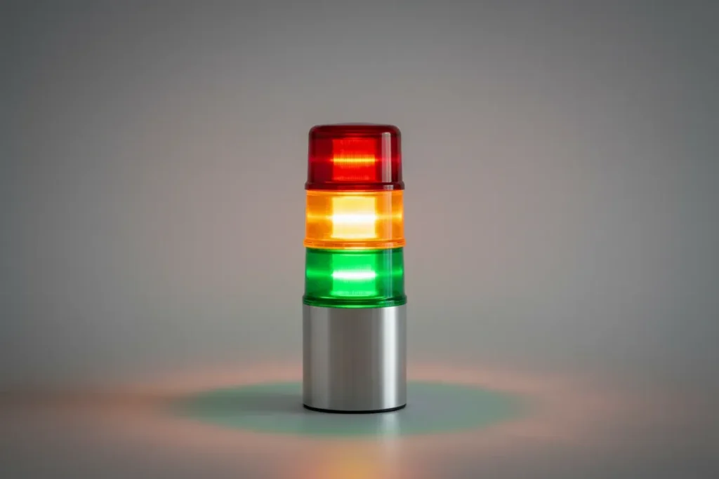 Amber-lit stack light on a neutral background, symbolizing a hold decision between launch and cancellation.