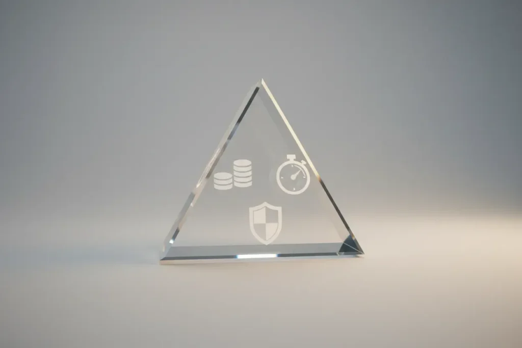 Translucent glass tetrahedron with coin, stopwatch, and shield icons on a soft gray background, symbolizing price, speed, and reliability.