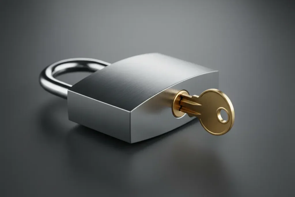 Key turning in a metal padlock as the shackle opens, on a soft neutral background.