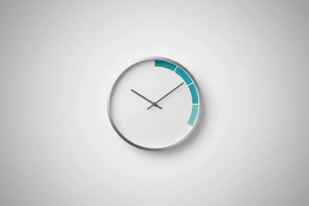Minimalist clock with a few colored wedges on its rim, leaving a large clear arc to represent fewer meetings and more focus time.