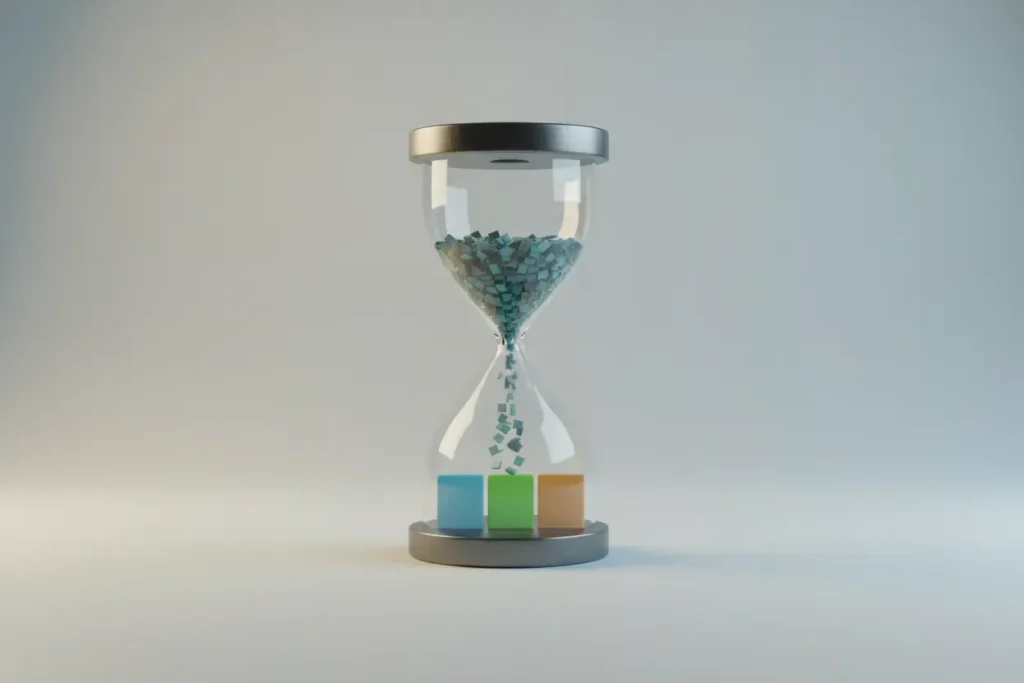 Minimalist hourglass with calendar-like blocks filtering into three prioritized tiles on a soft neutral background.