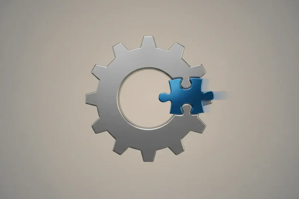 Blue puzzle piece snapping into a steel gear on a soft gray background, conveying speed and confident fit in hiring.