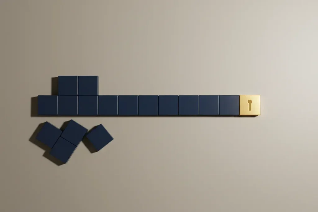 A shortened, sturdy project roadmap leading to a gold destination, with unused tiles set aside to represent reduced scope and limited resources.