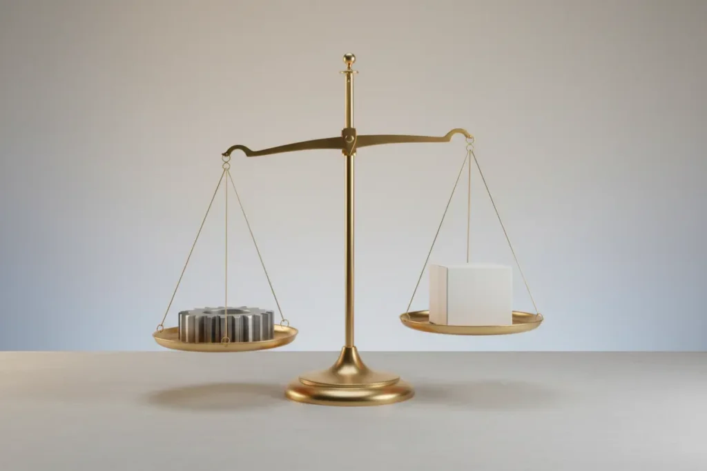 Balance scale showing build vs buy: steel gear vs sealed box on neutral background, tilted toward the box.