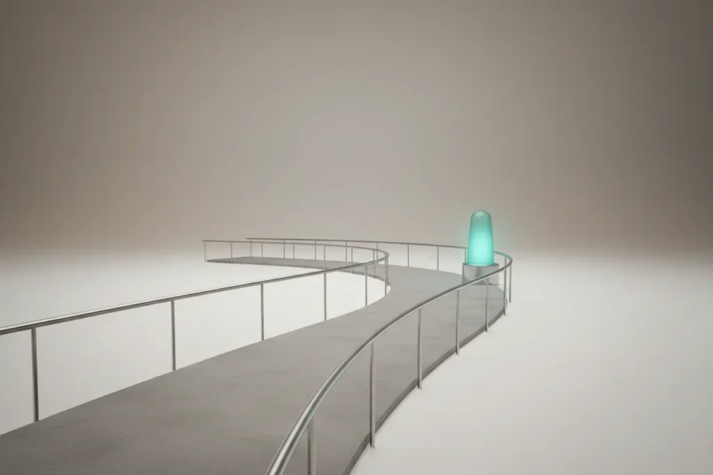 Curved path with sleek guardrails leading to a glowing beacon on a soft neutral background.