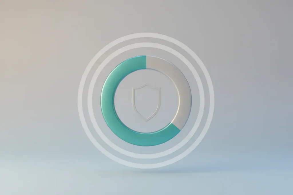 Minimalist circular progress ring with shield icon on soft gray background, suggesting steady, trust-building updates.