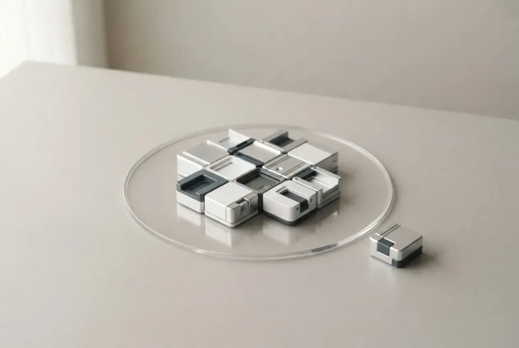 Modular project blocks sit within a clear boundary, with one extra block outside symbolizing scope creep.