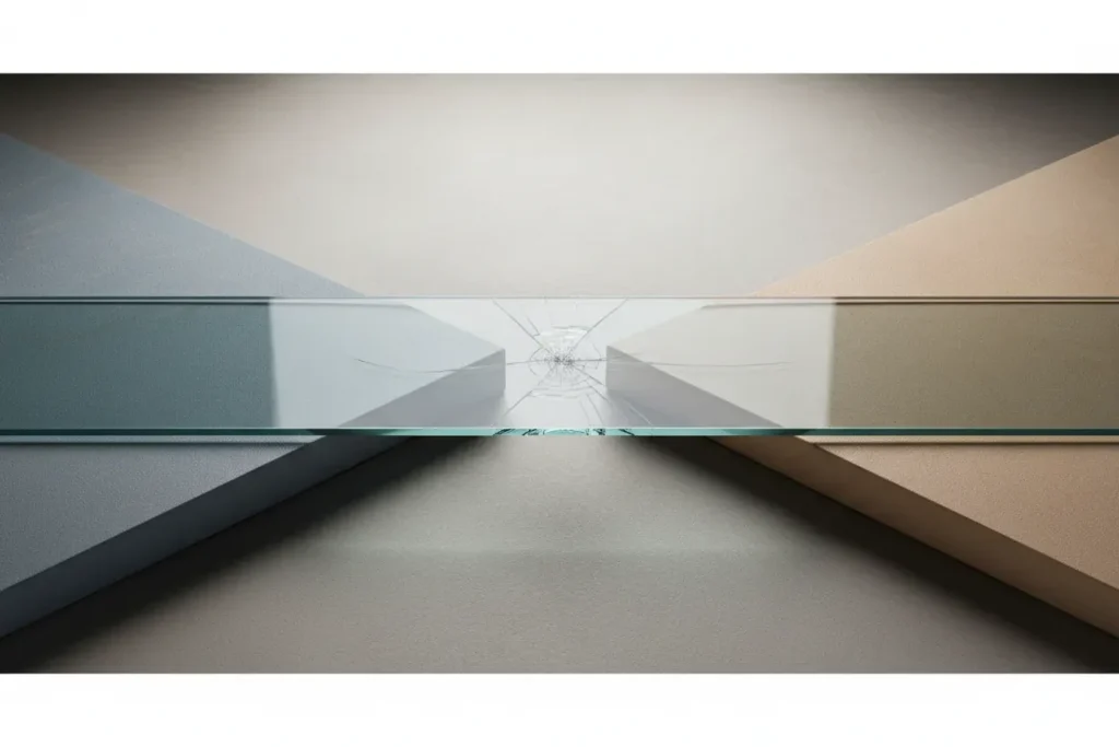 Transparent glass bridge with a visible, carefully repaired crack, symbolizing honest communication and restored customer trust.