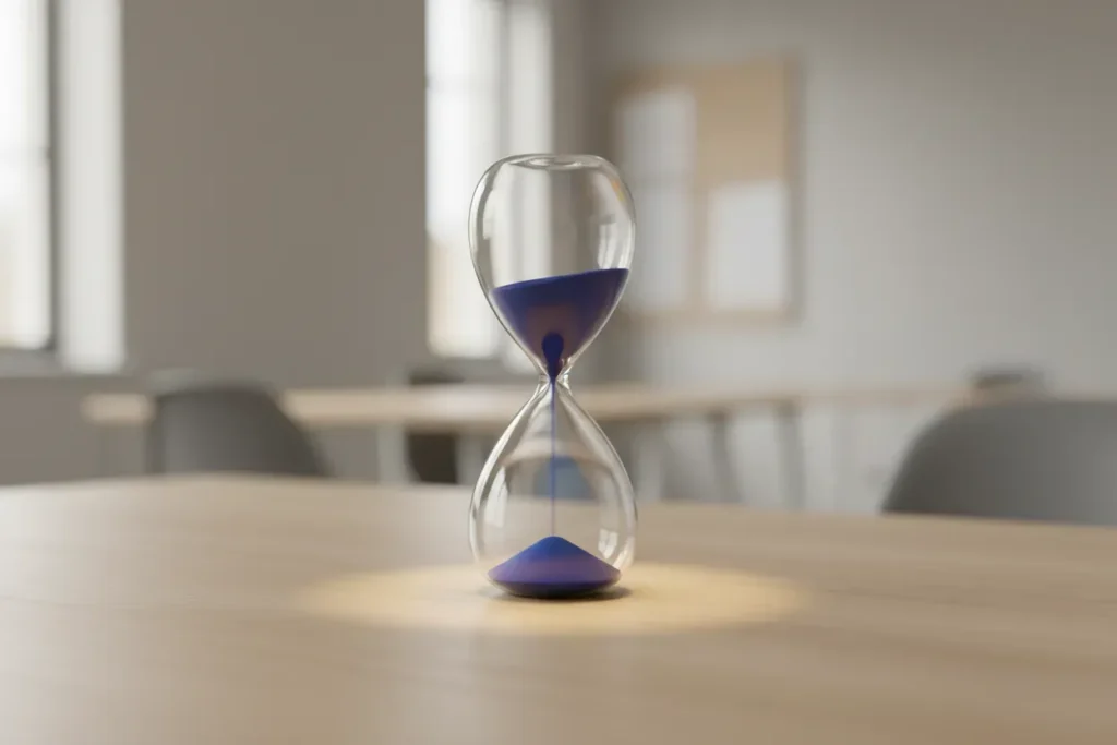 Glass hourglass with blue sand centered in a softly lit focus zone on a minimalist office desk.