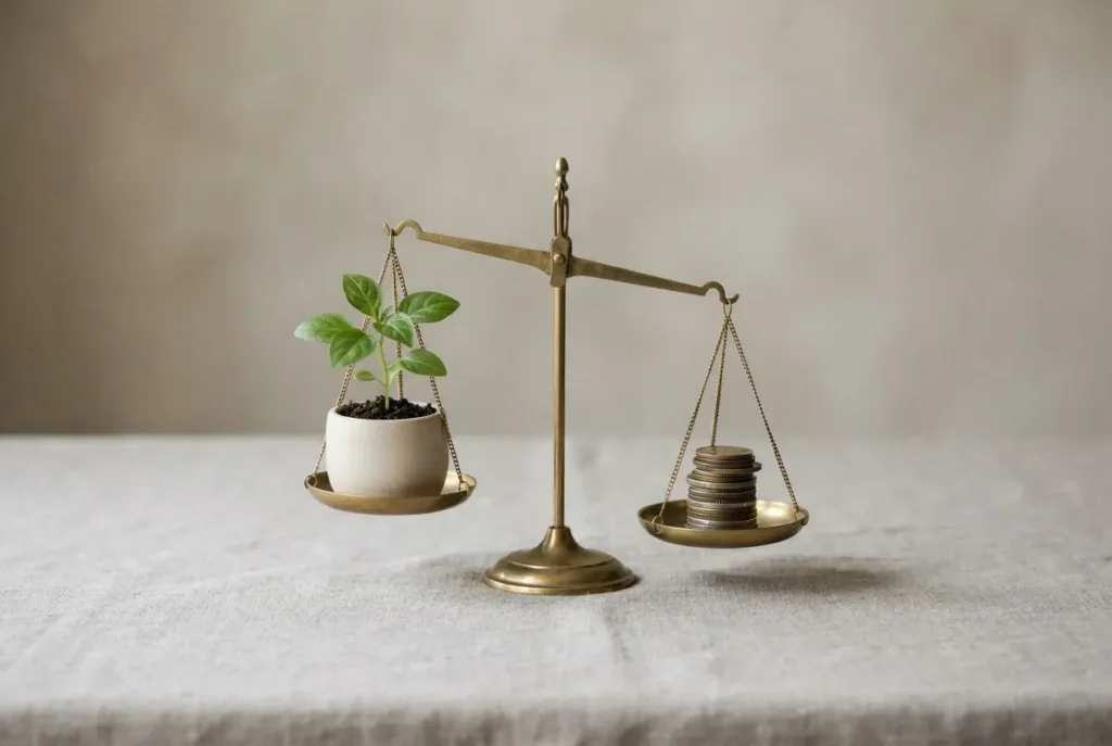 Brass balance scale weighing a stack of coins against a healthy green seedling, symbolizing budget tradeoffs and protecting growth.