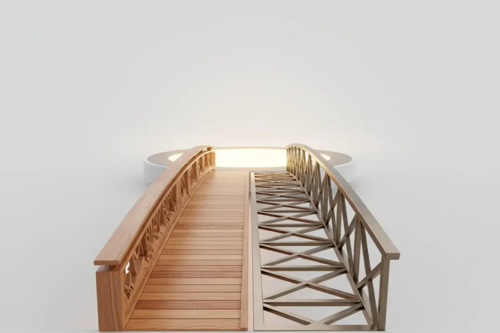 Elegant bridge combining warm wood and precise metal, symbolizing balanced onboarding, clear standards, and rapid contribution.